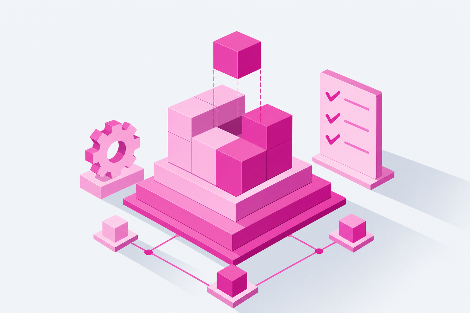Platform blocks, settings and a checklist representing HubSpot onboarding and implementation