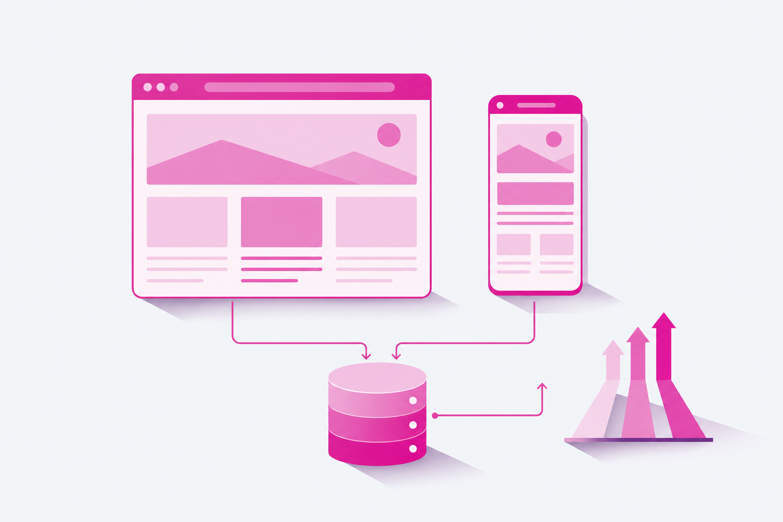 Desktop and mobile website layouts connected to customer data
